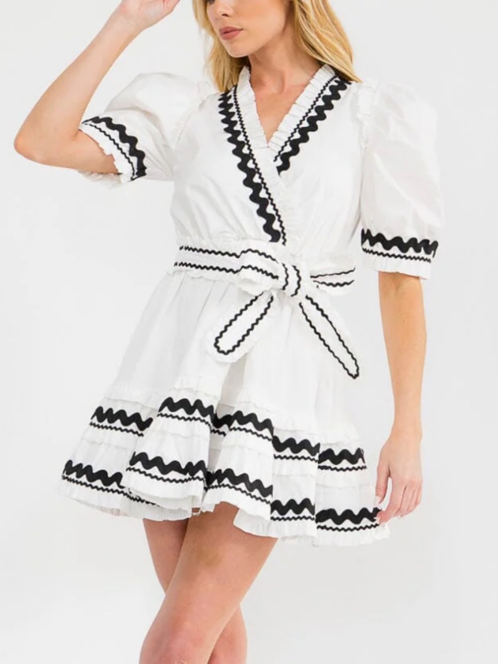 Puff-Sleeve Ruffle Trim Wrap Tie Dress- Ivory